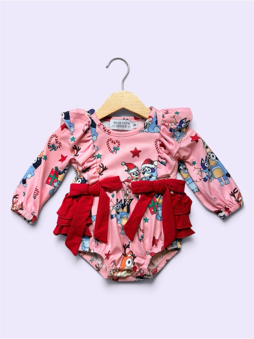 Rylee Faith Pink Bluey Character Holiday Ruffle Baby Romper